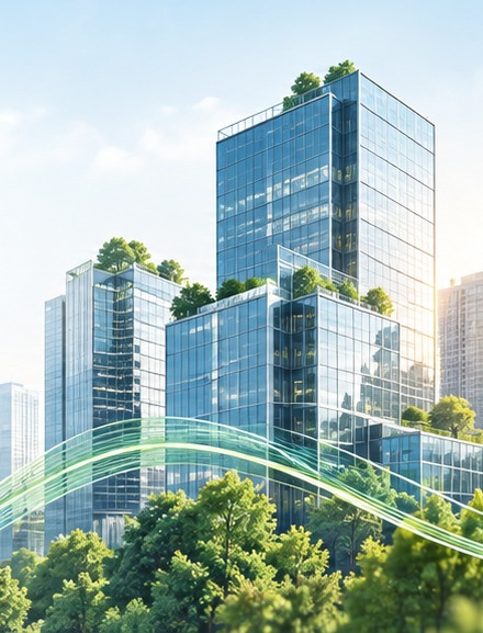 Concept illustration of glazed buildings surrounded by trees